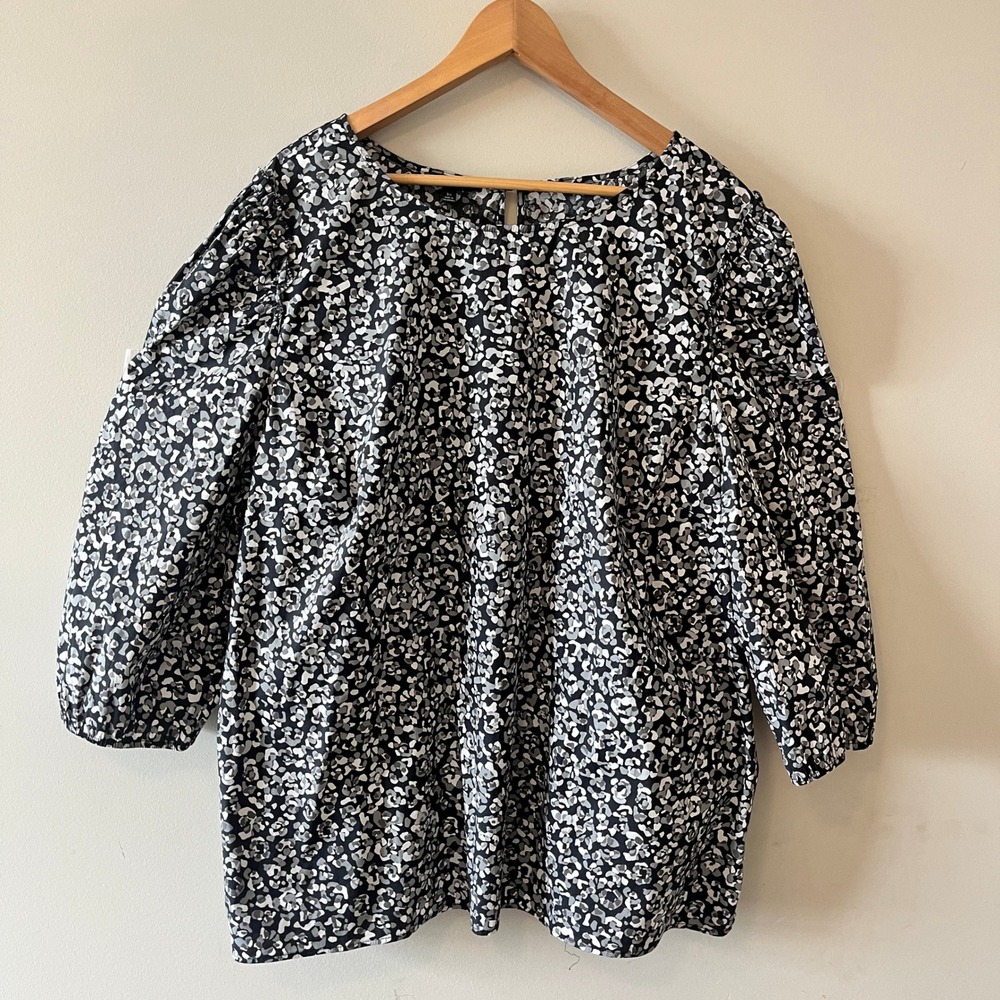 Talbots Plus Abstract Animal Print Puff Sleeve Blouse Black 3X NWT